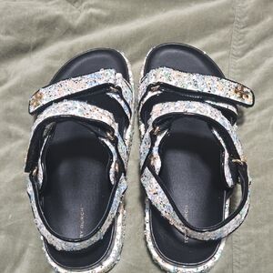 Tory Burch Black Footbed Sparkle Multicolor Sequin Strap Sandals